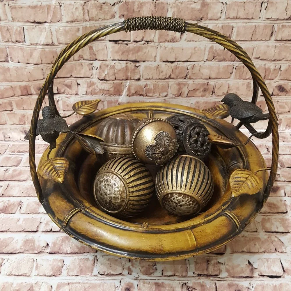 Decorative Metal Basket With Birds and Leaves 5 Balls Included